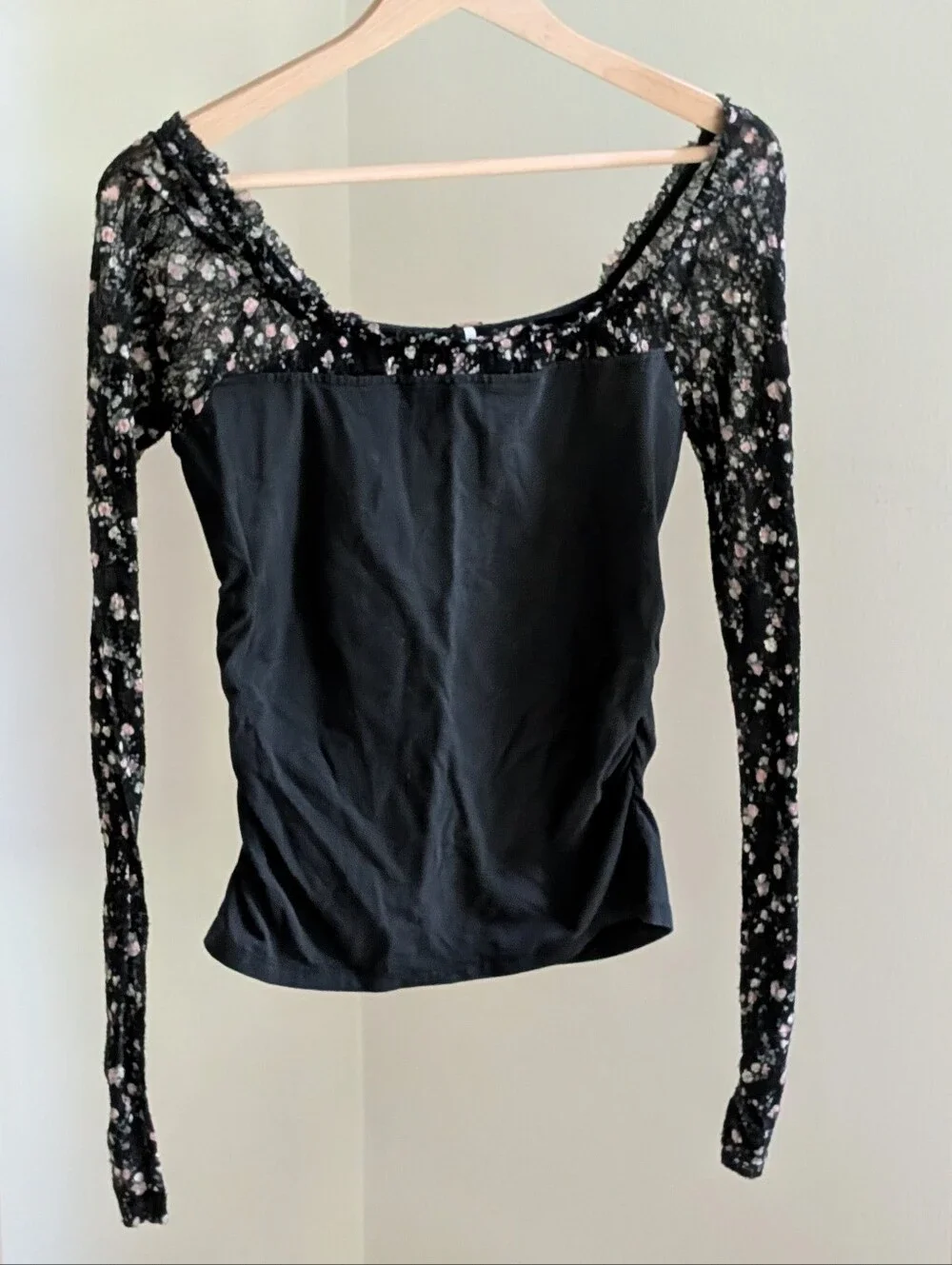 Free People Josie Floral Square Neckline Lace Long-Sleeve Top In Black - M